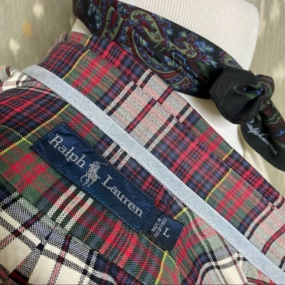 Polo Ralph Lauren Classic Tartan Plaid Oxford Button Down Shirt Red Navy Green